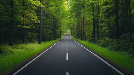 serene road winding through lush green forest, surrounded by tall trees and vibrant foliage, inviting peaceful journey.