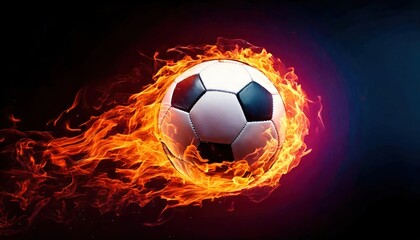 Naklejka premium Soccer ball engulfed in fiery flames against a dark background dynamic action shot