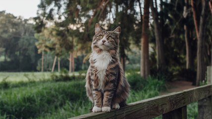 Obraz premium Curious Cat on Wooden Fence in Lush Forest