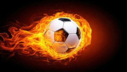 Fototapeta premium Soccer ball engulfed in fiery flames against a dark background dynamic action shot