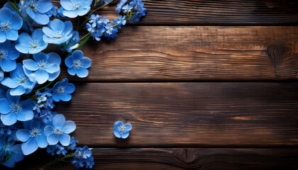 Obraz premium A blank wooden background adorned with delicately arranged blue flowers, creating a charming and natural atmosphere.