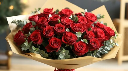 A bouquet of twenty-four deep red roses wrapped in kraft paper with eucalyptus.