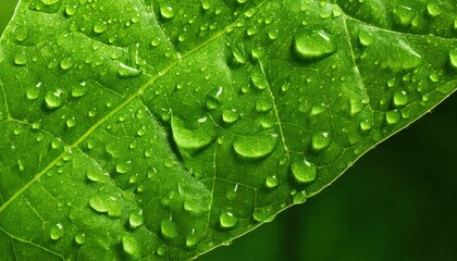 Texture of green leaves with dew droplets. 