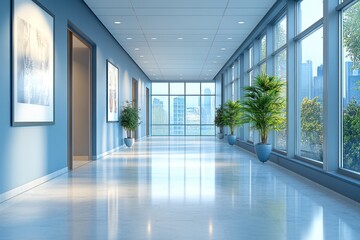 Fototapeta premium Modern Office Hallway with City Views