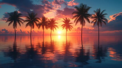 Obraz premium Sunset Paradise: Palm Trees Reflecting in the Ocean
