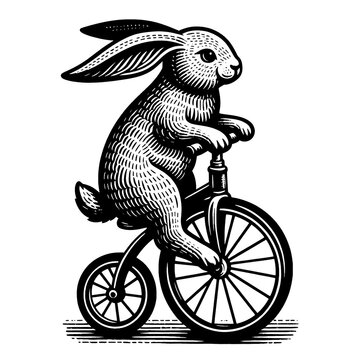 recommend clip art: Cute rabbit rides a vintage penny-farthing bicycle. Detailed line art style graphic.