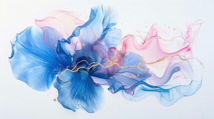 Obraz premium Abstract watercolor art featuring flowing blue and pink shapes with golden accents, creating a sense of elegance and creativity.