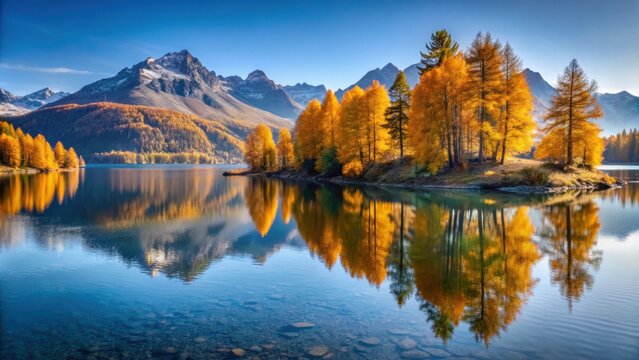 Tranquil morning scene at Lake Sils with autumn larches on the island in Engadin, Switzerland , serene, peaceful, nature