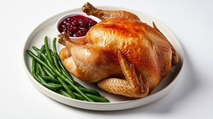 A classic whole roasted chicken with crispy skin, served with a side of cranberry sauce and green beans on a white plate 