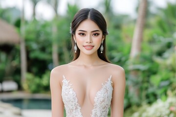 A glowing bridal beauty look featuring soft curls, pearl earrings, and dewy makeup
