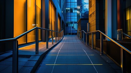 A modern wheelchair ramp integrated into urban architecture. Social welfare, urban planning department,public facilities,ramp design,World Disability Day