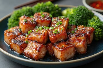 Fototapeta premium Dong Po Rou (Dongpo pork meat) in a beautiful blue plate with green broccoli vegetable, traditional festive food for Chinese new year cuisine meal