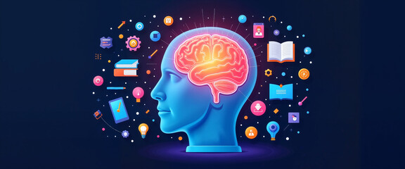 Obraz premium Glowing brain in blue head surrounded by learning icons