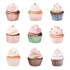 Delicious assortment of colorful cupcakes displayed artfully, perfect for any dessert lover's delight. white background