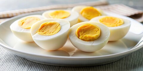 Close-up of peeled hard boiled eggs on a white plate, food, cooking, protein, breakfast, healthy, snack, kitchen