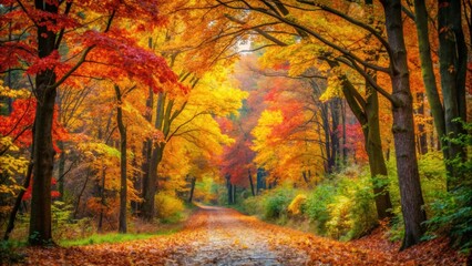 Tranquil forest path in autumn, surrounded by colorful foliage , Autumn, forest, path, leaves, trees, red, orange, peaceful