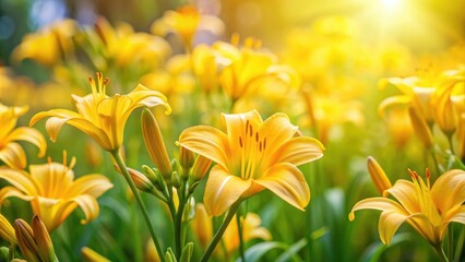 Fototapeta premium Yellow Hemerocallis blooming in a garden during spring , Yellow day lily, gardening, flowers, blooming, lily, plant, nature