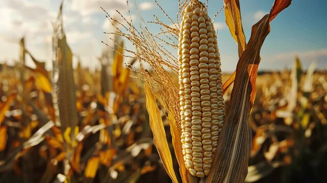 A single ear of corn, fully matured and golden-hued, protrudes from its stalk in a vast cornfield bathed in the warm light of late afternoon
