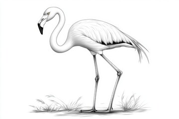 Fototapeta premium Flamingo standing on one leg with long slender neck, sketch engraving generative AI fictional character Scratch board imitation Black and white image separate on white background