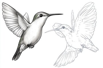Obraz premium Hummingbird in flight, wings blurred with precision, sketch engraving generative AI fictional character Scratch board imitation Black and white image separate on white background