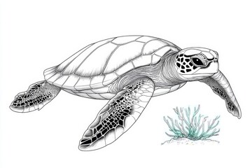 Obraz premium Turtle swimming gracefully among coral reefs and aquatic plants, showcasing marine elegance sketch engraving fictional character Scratch board imitation Black and white image separate on white