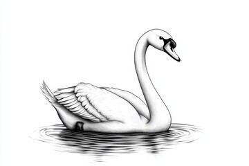 Fototapeta premium Swan floating gracefully on water, long neck and delicate feathers, sketch engraving generative AI fictional character Scratch board imitation Black and white image separate on white background