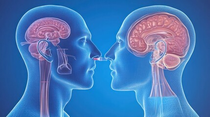 Obraz premium Interconnected Minds: A 3D Visualization of Brain-to-Brain Communication