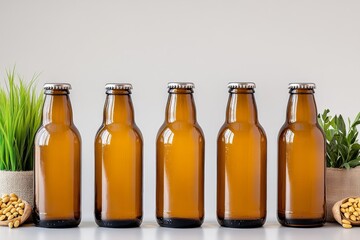 A cozy home brewing setup with glass fermenters, beer bottles, and brewing ingredients neatly arranged