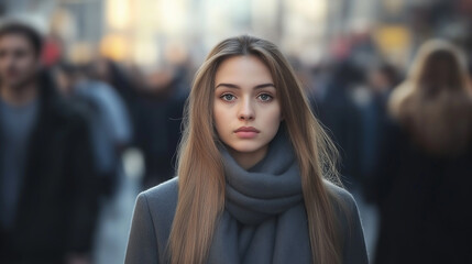 Fototapeta premium Young woman wearing a grey coat and scarf standing in a blurred crowd