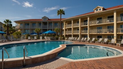 Resort pool and building with lounge chairs and palm trees.