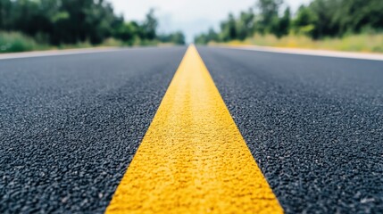 Fototapeta premium A close-up view of a smooth asphalt road with a prominent yellow line, flanked by greenery, suggesting a peaceful drive through nature.
