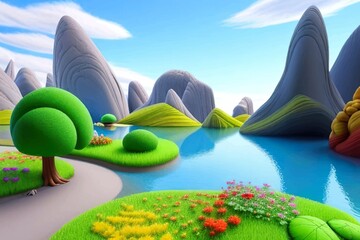 Naklejka premium Beautiful and Peaceful Nature Scenery Illustration Landscape Countryside Tranquil Vibrant and Colorful