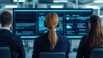 Obraz premium Three professionals analyze data on large screens in a modern tech environment, focusing on digital information and collaboration.