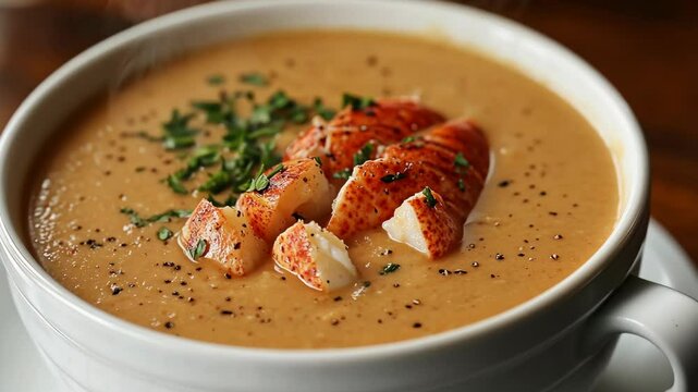 A bowl of rich, creamy lobster bisque is presented