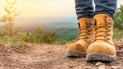 Jeans style and rugged concept, A pair of rugged, yellow hiking boots on a dirt path, surrounded by greenery and a scenic landscape in the background.