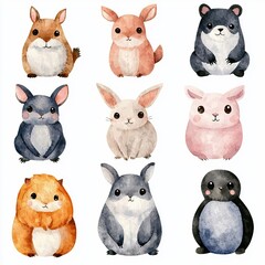 A colorful  of cute, cartoon-style woodland animals, including rabbits, a bear, a guinea pig, and a penguin, arranged in a 3x3 grid.