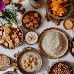 Overhead view of various foods, grains, and sweets arranged on a table.