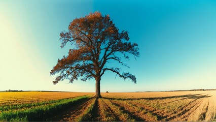 Majestic tree in divided landscape under bright blue sky