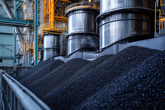 A modern biochar production facility with stainless steel pyrolysis chambers.
