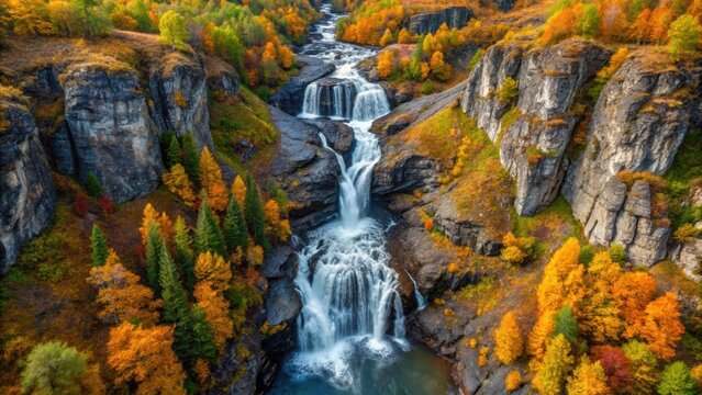 Aerial view of a waterfall in the autumn mountains of National park Putorana, Siberia, aerial, panorama, autumn
