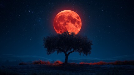 A lone tree silhouetted against a large, red blood moon in a night sky filled with stars.