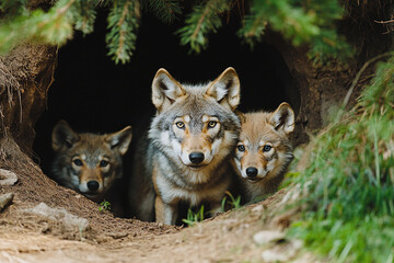 Wolves and pup at den entrance, pine forest setting.