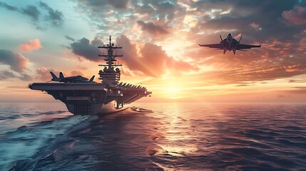 Fototapeta premium Military aircraft carrier with fighter jets in the sea at sunset