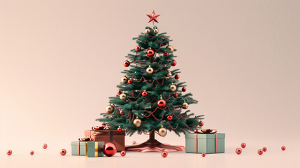 a classic christmas tree with golden and red  baubles and gifts