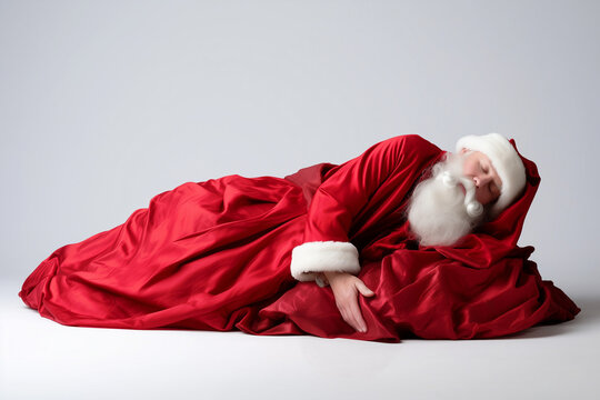 Portrait of Santa Claus laying and sleeping on floor. Minimal creative concept of no fuss Christmas or tiredness, exhausting and overwhelming holiday. Copy space on white gray background