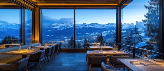 Fototapeta premium Alpine Restaurant with Panoramic Mountain View