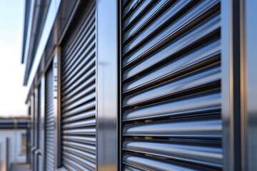 Modern house exterior with black metal roller shutter door and brick wall