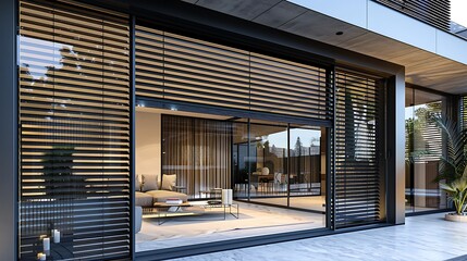 Modern house exterior with black metal roller shutter door and brick wall