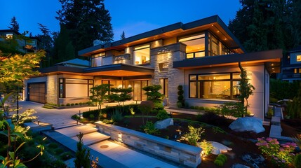 Fototapeta premium Modern house exterior with lighting and garden in the evening