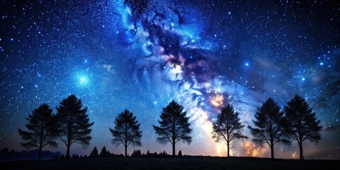 Fototapeta premium Starry night sky over silhouette of trees , nature, night, stars, sky, forest, woodland, dark, tranquil, peaceful